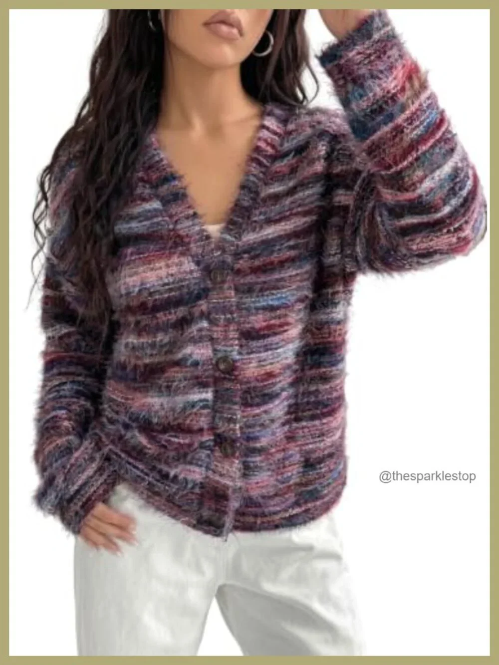 Women's Striped Knit Cardigan, Fuzzy Eyelash Long Sleeve, V-Neck Button Down,